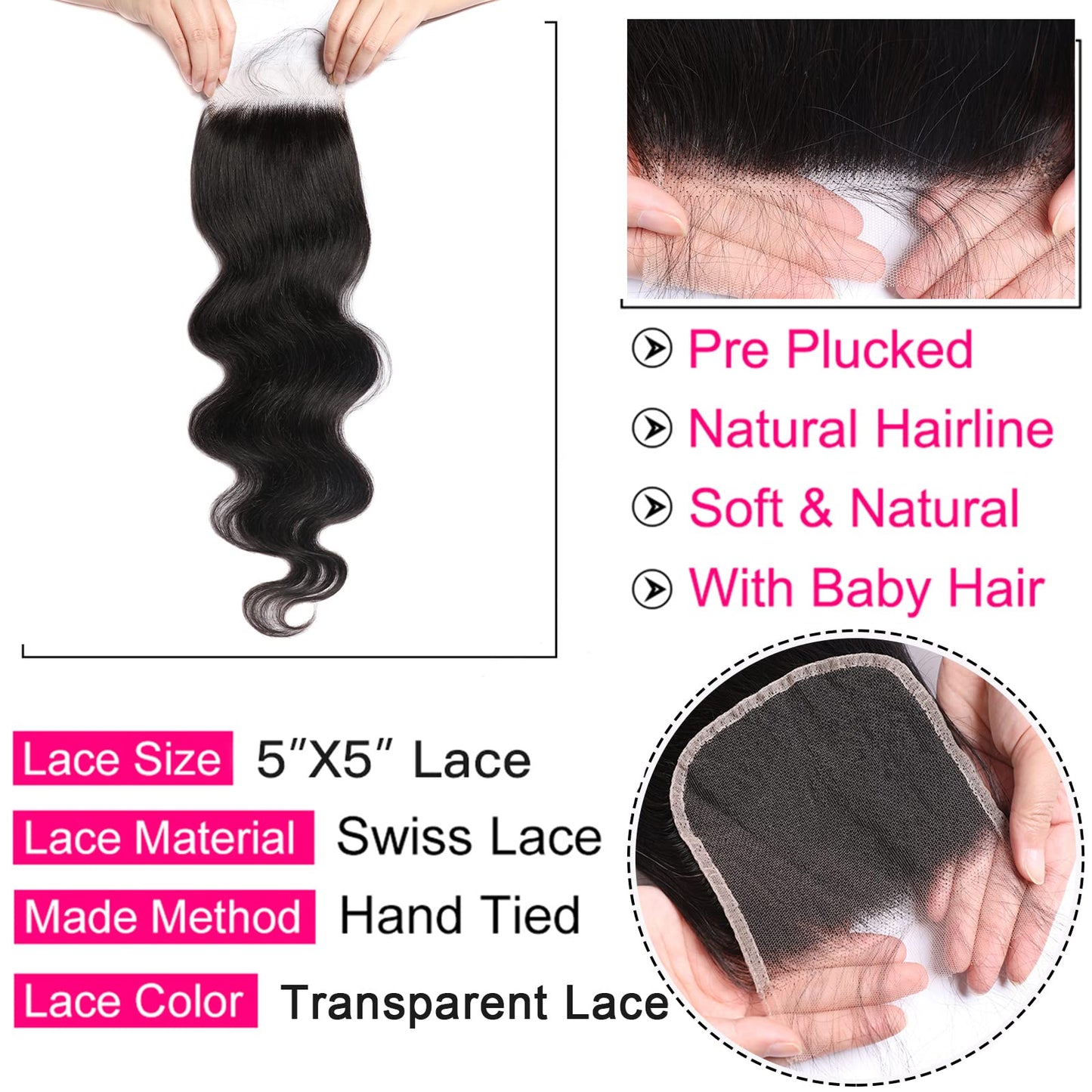 Lemoda 5x5 Closure Body Wave HD Transparent Lace Closure 12A Brazilian Virgin Human Hair Closure Pre Plucked with Baby Hair Natural Black 18 Inch