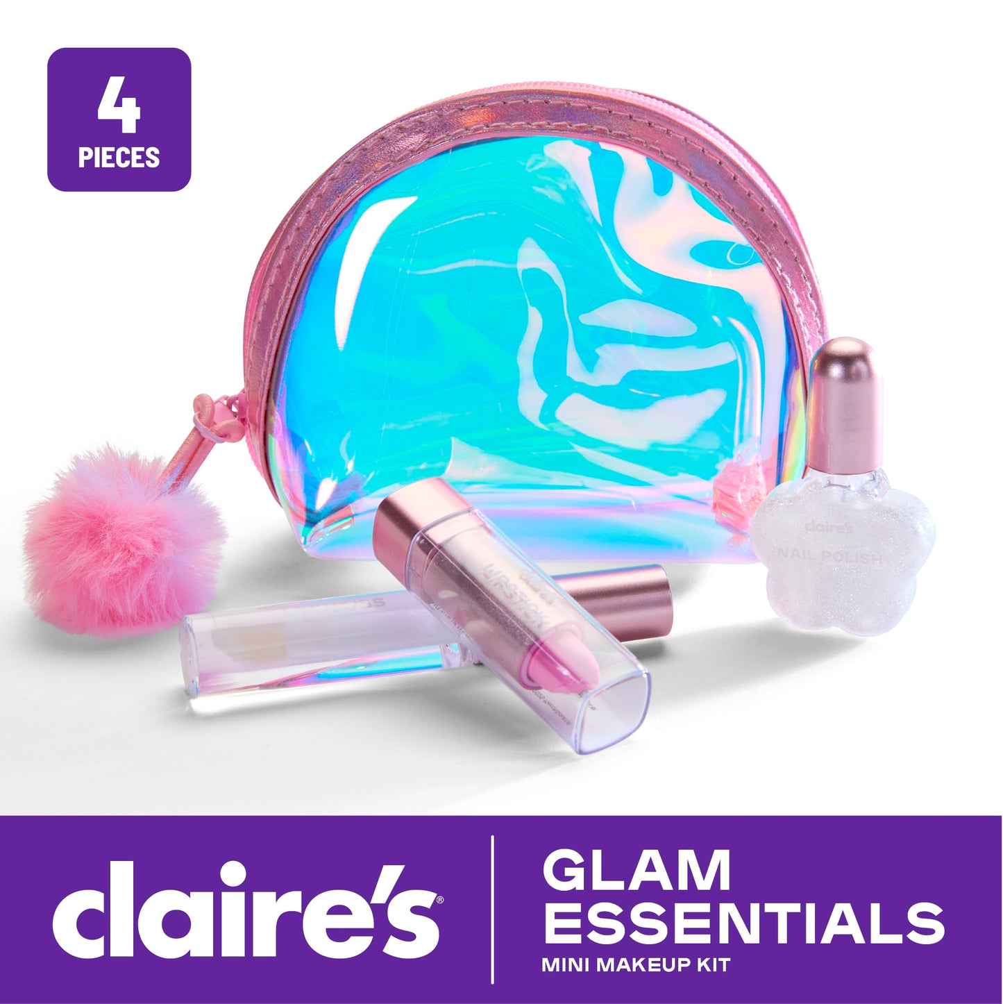 Claire's Glam Essentials Kids Makeup Kit, 4-Piece Real Cosmetic Set with Mini Pouch, Lip Gloss, Lipstick & Nail Polish, Pretend Play Make Up for Kids Ages 6+, Girl Toys & Beauty Activity Gift