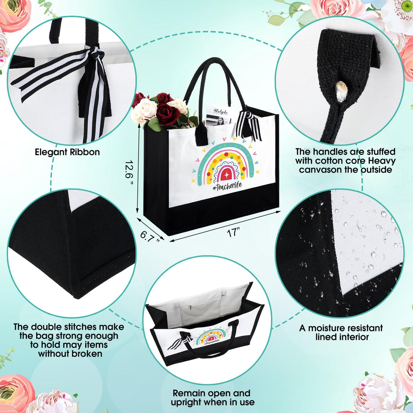 Hushee 6 Pcs Christmas Teacher Gift for Women 2 Set Appreciation Gift Include Teacher Tote Bag Tumbler and Makeup Bag(Star)
