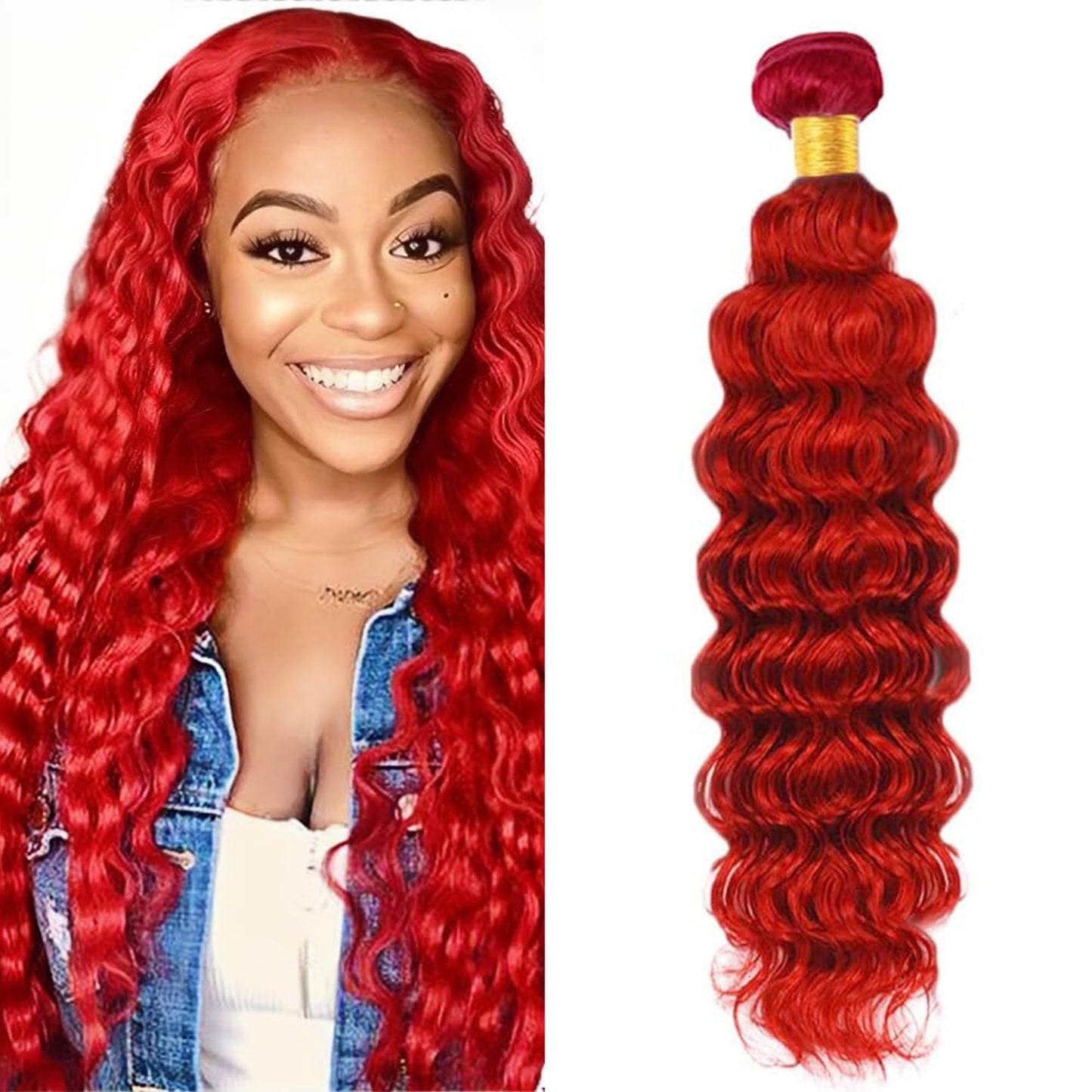 Red Human Hair Bundles Deep Wave 34 Inch Deep Single Bundle Human Hair Light Red Color Unprocessed Native Virgin Hair 100g Total Double Weft Crochet Human Hair Extensions for Women