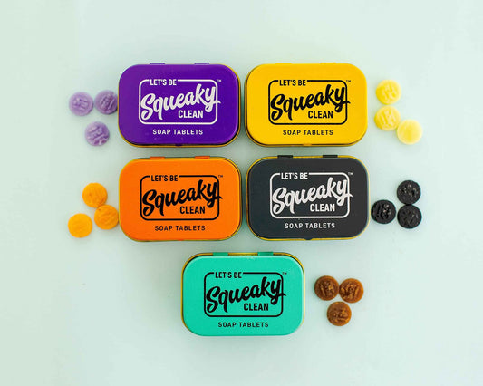 SqueakyClean Hand Made 30 Soap Tablets in Each Tin | Single Wash Hygiene Bar | Convenient for Travel & Pocket Friendly | Combo of 5 Assorted Multi Fragrance