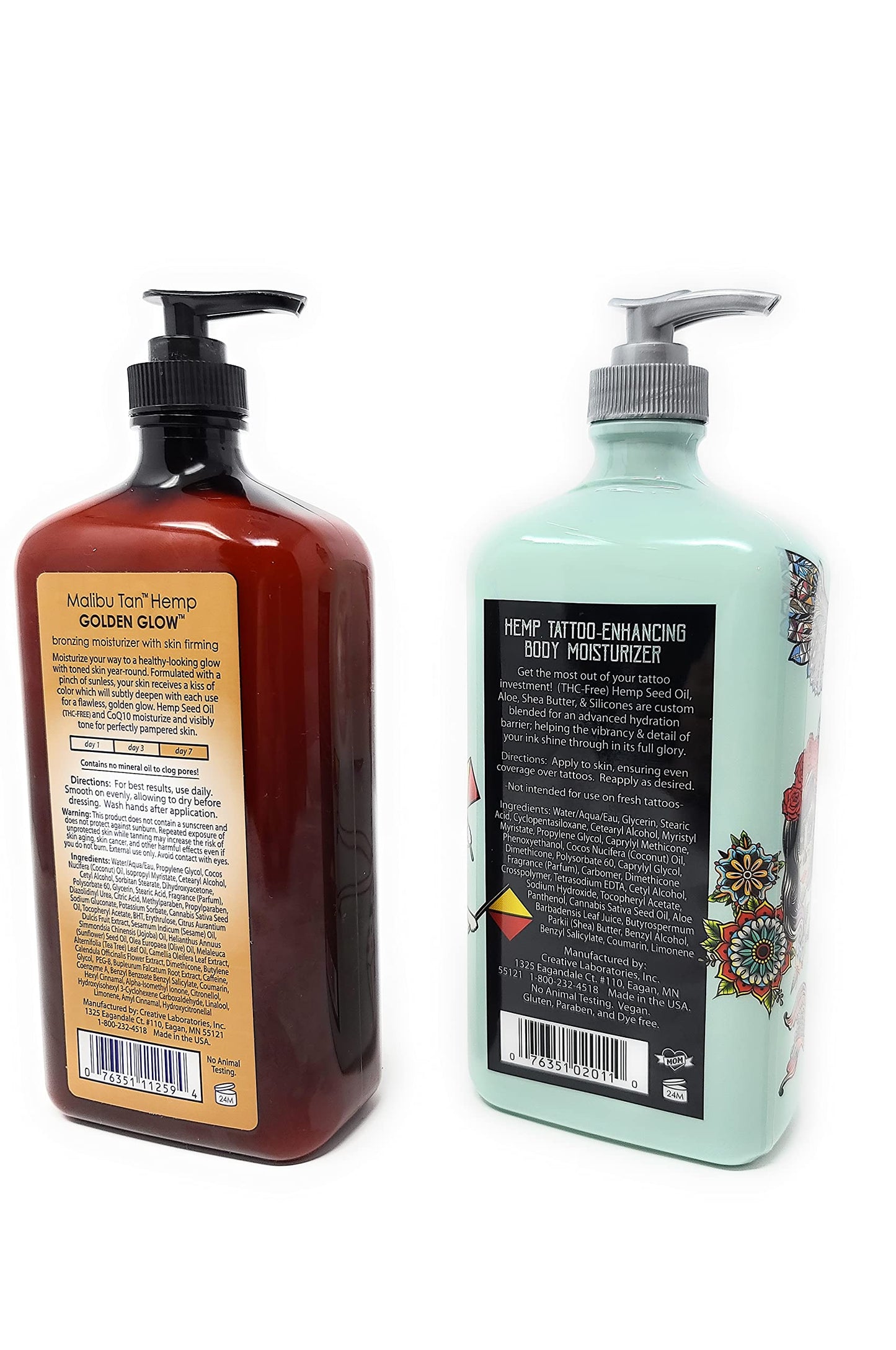 Bundle Of Malibu Moisturizer 40% More Free: Malibu Hemp Tattoo Enhancing Body Moisturizer 25 FL OZ & Malibu Hemp Golden Glow 25.4 FL OZ