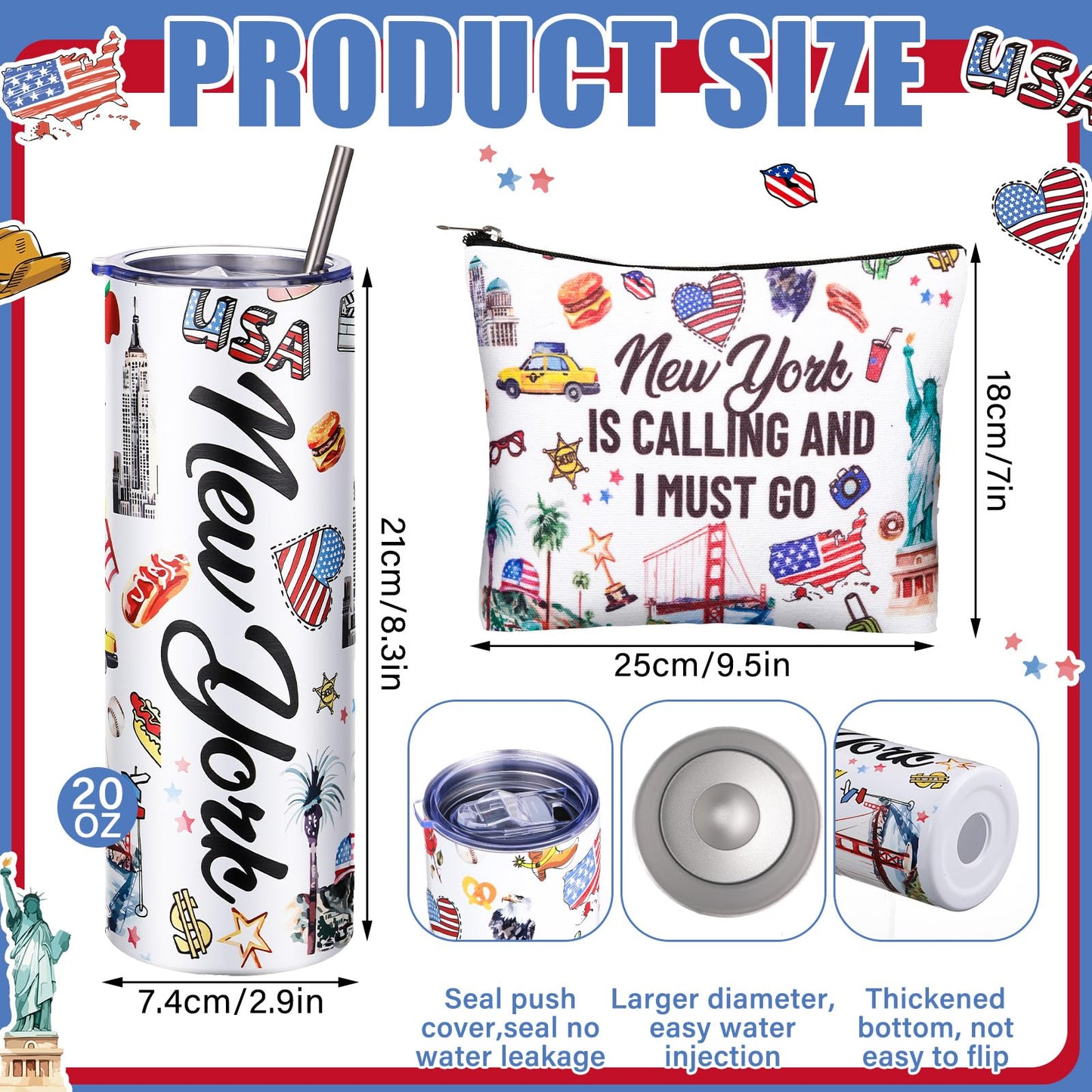 Sieral 5 Pcs New York Travel Gift New York Lover USA Themed Gifts Includes Makeup Bag Thermal Cup Keychain Mirror for Traveler Women Friend Sister Birthday Party