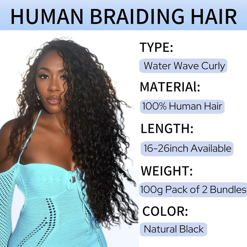 Human Braiding Hair - 16 Inch Water Wave Bulk Braiding Extensions | 100% Human Hair, Curly, Natural Color, 2 Bundles