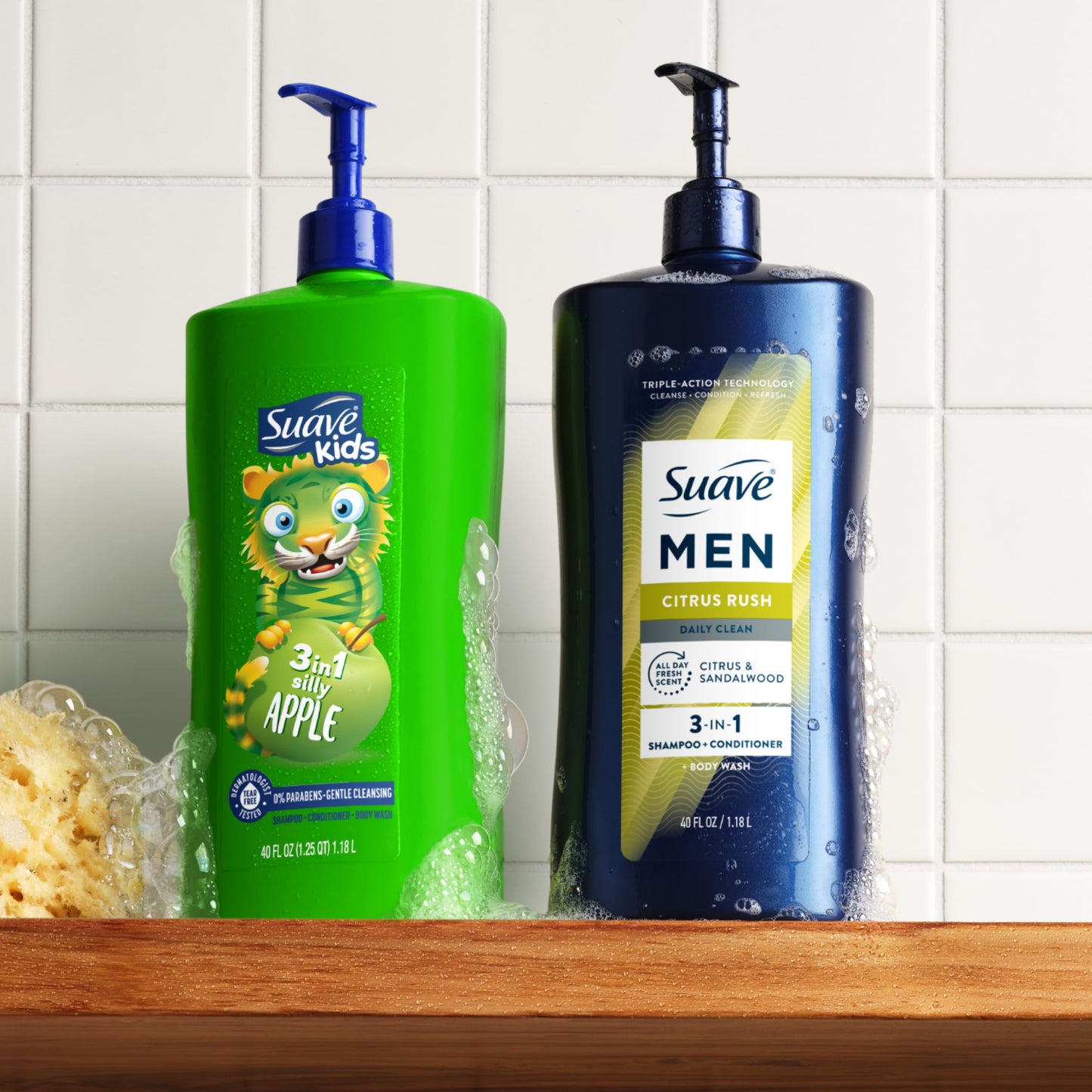 Suave Men Citrus Rush Daily Clean 3 in 1 Shampoo, Conditioner & Body Wash for Men with Glycerin & Keratin Hydrates & Smooths Hair, Citrus Scent, 4 Count, 40 fl oz Pump