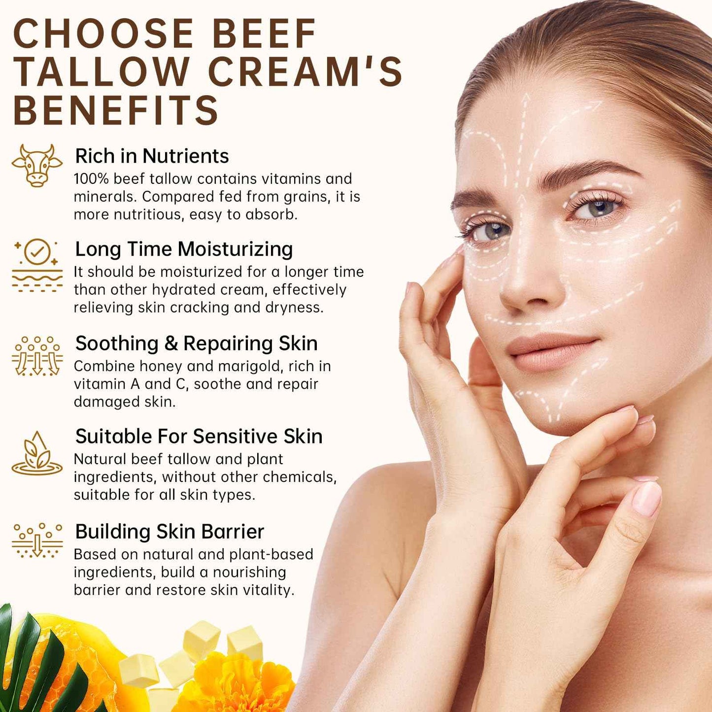 Grass Fed Beef Tallow and Honey Balm For Skin, Organic Beef Tallow Face Cream For Dry Skin, Deep Moisturizing Tallow Body Butter Lotion For Cracked Skin Care, 2 OZ Beef Tallow Moisturizer, 2 PCS.