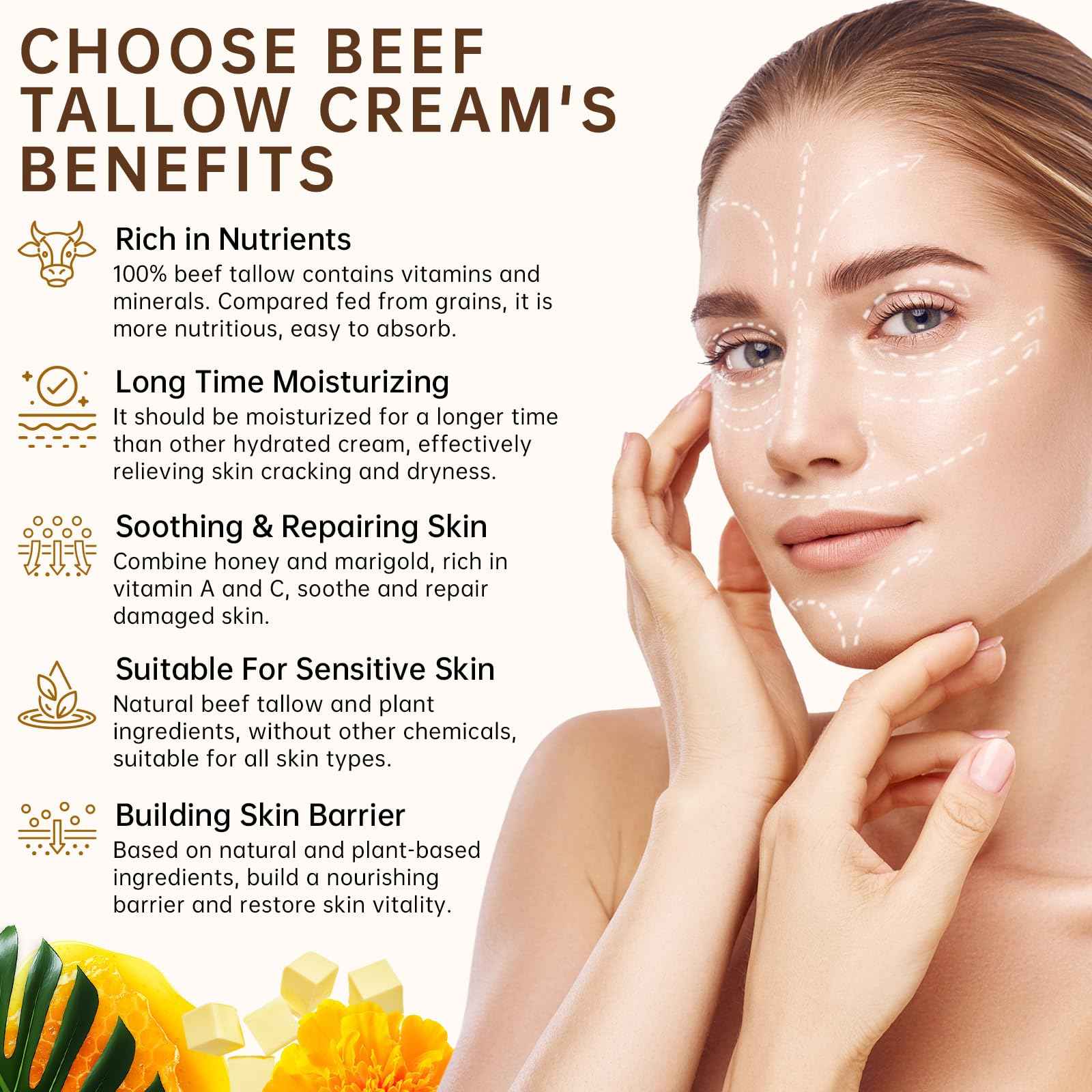 Grass Fed Beef Tallow and Honey Balm For Skin, Organic Beef Tallow Face Cream For Dry Skin, Deep Moisturizing Tallow Body Butter Lotion For Cracked Skin Care, 2 OZ Beef Tallow Moisturizer, 2 PCS.