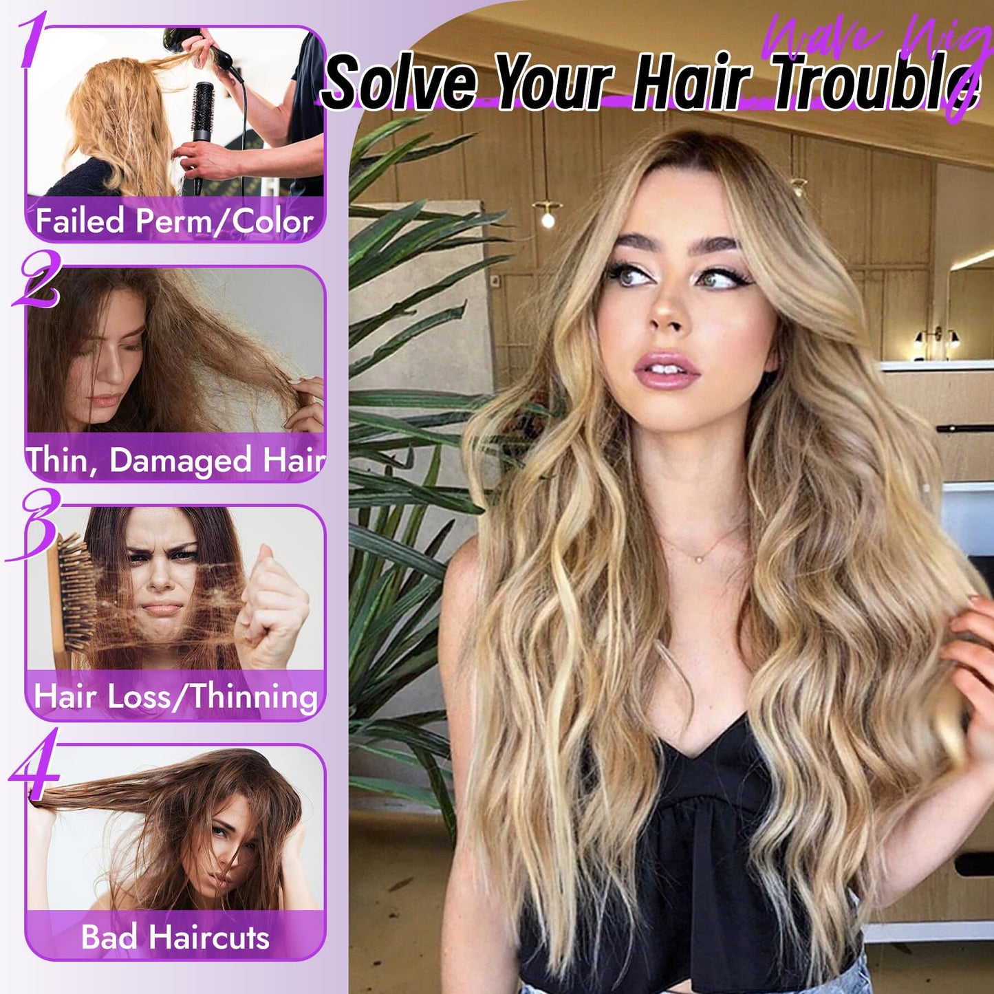 Eawwii Ombre Blonde Wig for Women Long Wavy 4x1 Lace Natural Hairline Glueless for Beginners Middle Part Synthetic for Daily Party Use 26Inch