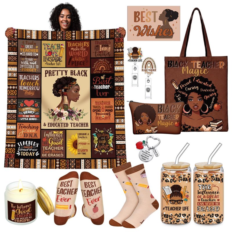 Quelay 10 Pcs Black Nurse Gifts Set for Women African Nurses Week Graduation Appreciation Gift 16 oz Glass Cup Blanket Cosmetic Bag Tote Bag Socks Candle Badge Reels Keychain for RN LPN Retirement