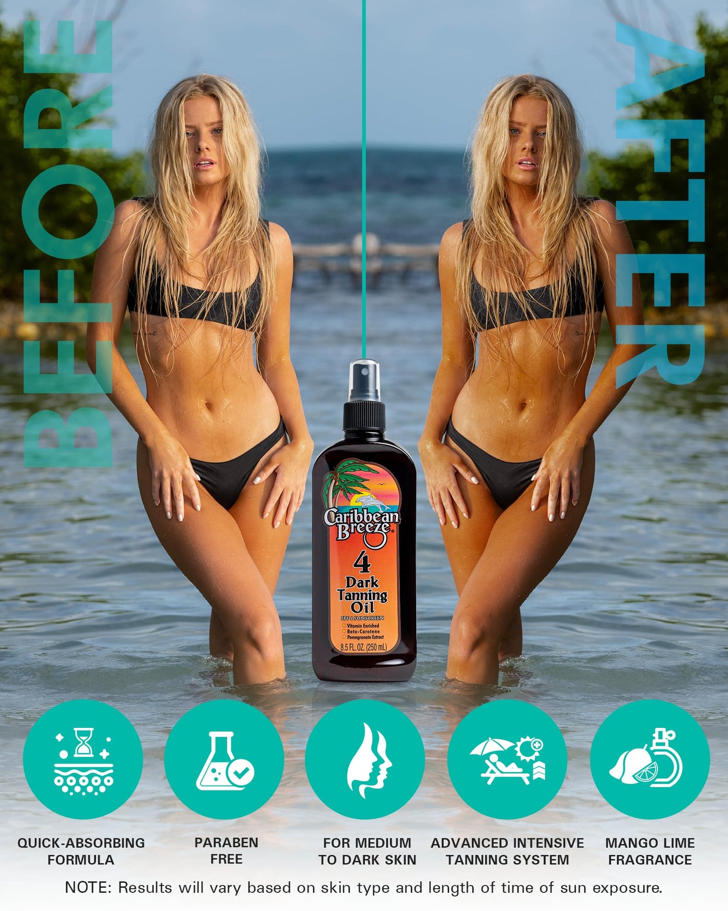 Caribbean Breeze SPF 4 Dark Tanning Oil Intensifier, Tanning Accelerator Outdoor with Mango Lime Fragnance, Rich in Anti Oxidants, Beta-Carotene, and Pomegranate Extracts, 8.5 oz (250 ml)