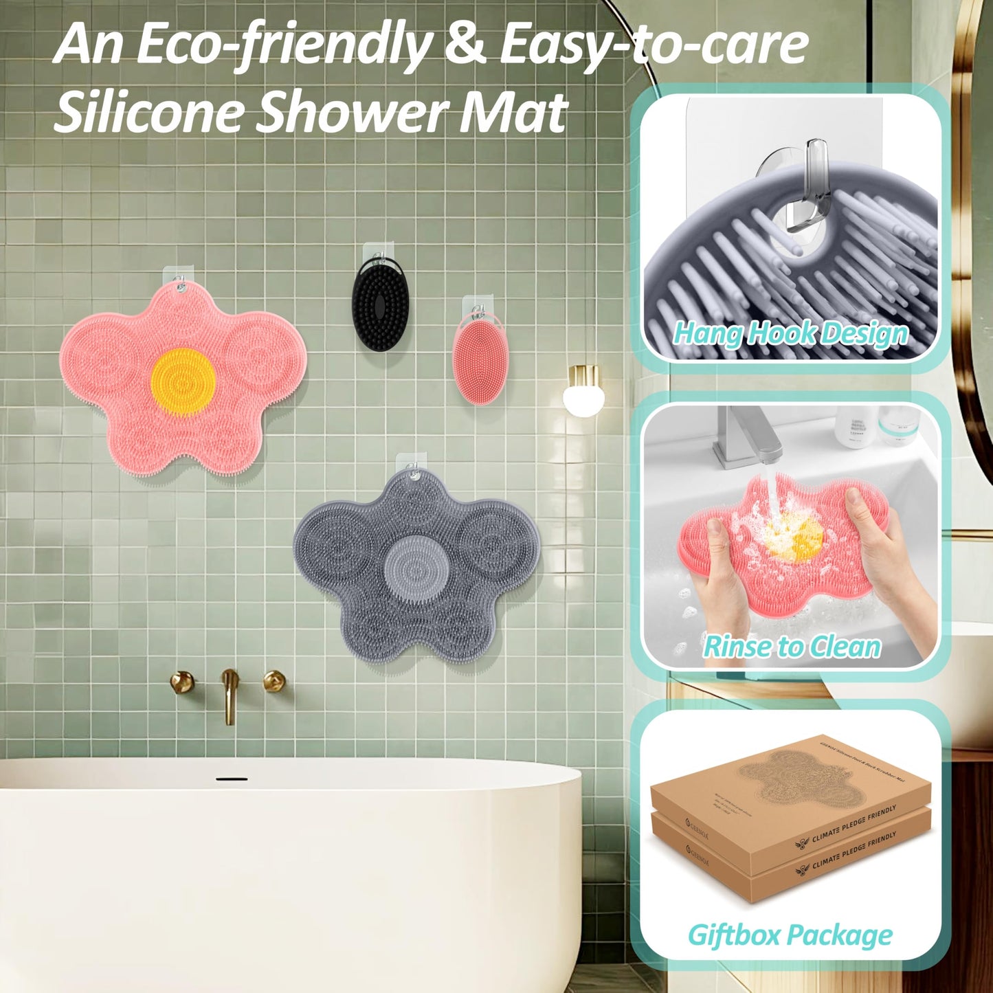 GEENOA Upgrade Silicone Shower Foot Scrubber Mat & Silicone Bath Brush Set, Large Wall-Mounted Back Scrubber Back Washer to Clean, Exfoliate and Massage Without Bending(Gray+Soft Brush)
