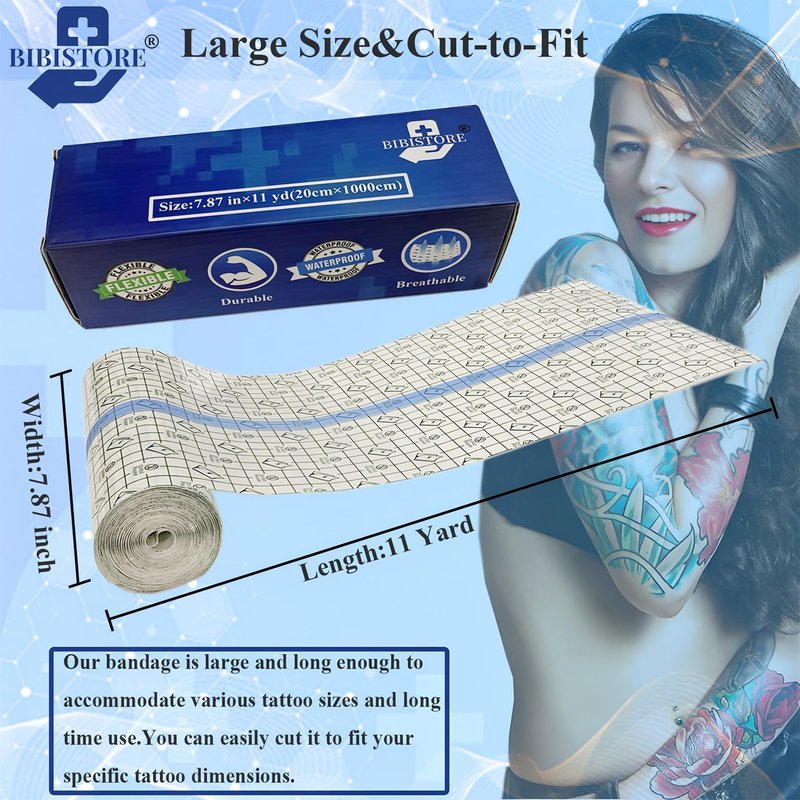 BIBISTORE Waterproof Tattoo Aftercare Bandage,7.87" x 11 Yard Transparent Dressing Film Roll,Tattoo Protective Cover up Tape,Tattoo Second Skin Adhesive Patch,Tattoo Healing Wrap,Tattoo Supplies