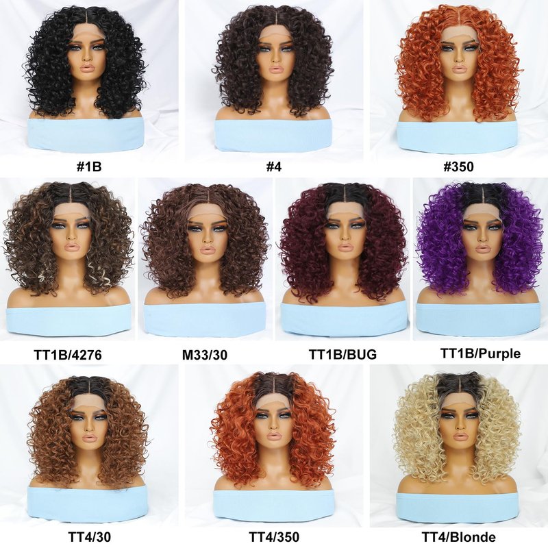 Felek 16inch Curly Lace Front Wigs Middle Part Jerry Curl Wig Ombre Burgundy Color T Lace Front Curly Synthetic Pre-Plucked Deep Curly Wigs For Black Women(T1B/BUG)