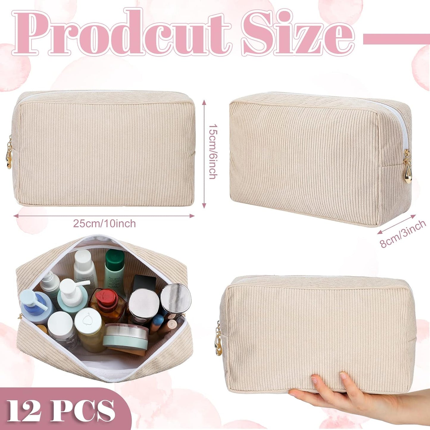 Amylove 12 Pcs Corduroy Makeup Bags - Large Capacity Portable Cosmetic Pouches | Beige & Pink Travel Organizers for Women
