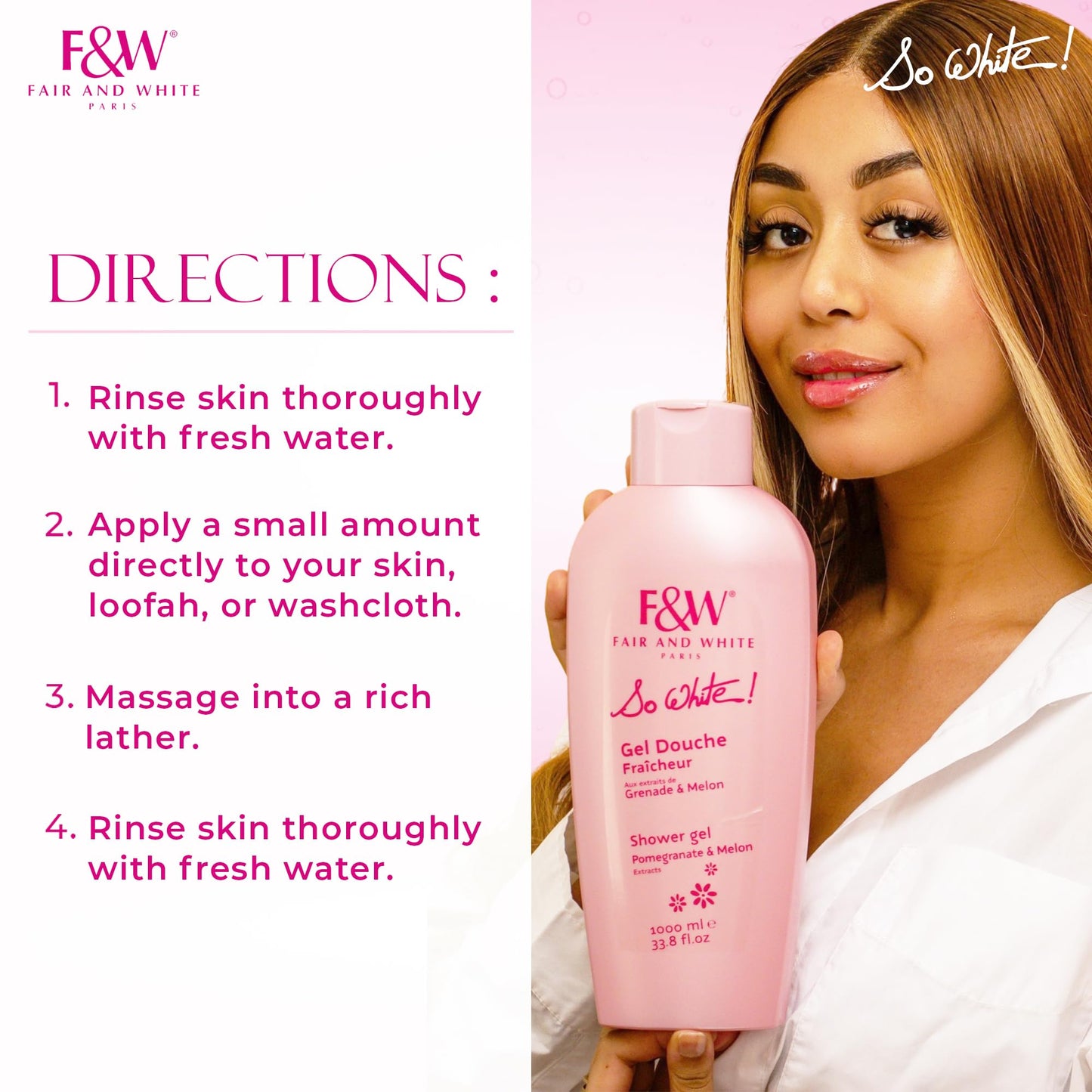 FAIR & WHITE So White Refreshing Brightening Body Wash - 1000ml / 33.8 fl oz - Daily Moisturizing Skin Shower Gel, with Pomegranate & Melon Extracts
