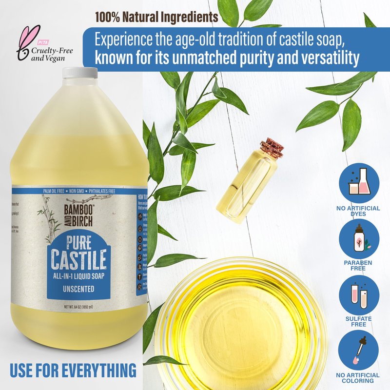 BAMBOO AND BIRCH Pure Castile Soap Liquid, Certified Palm Oil Free Natural Soap, Unscented, 1 Gallon