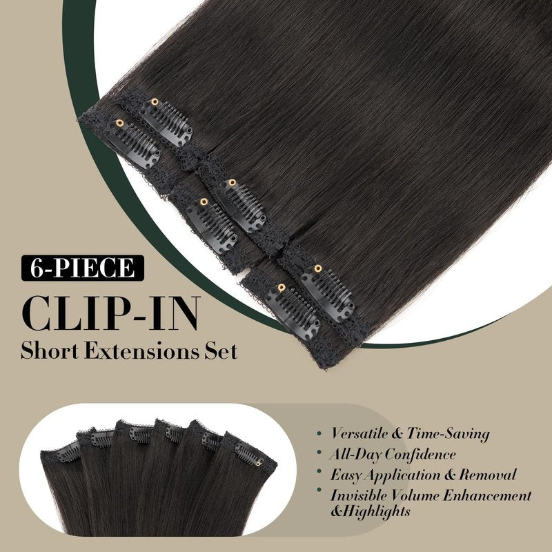 Short Hair Extensions Clip ins,S-noilite Short Clip in Hair Extensions Real Human Hair,Mini Hairpieces for Add Volume and Highlights,6 Pieces 33g 12 inch Natural Black