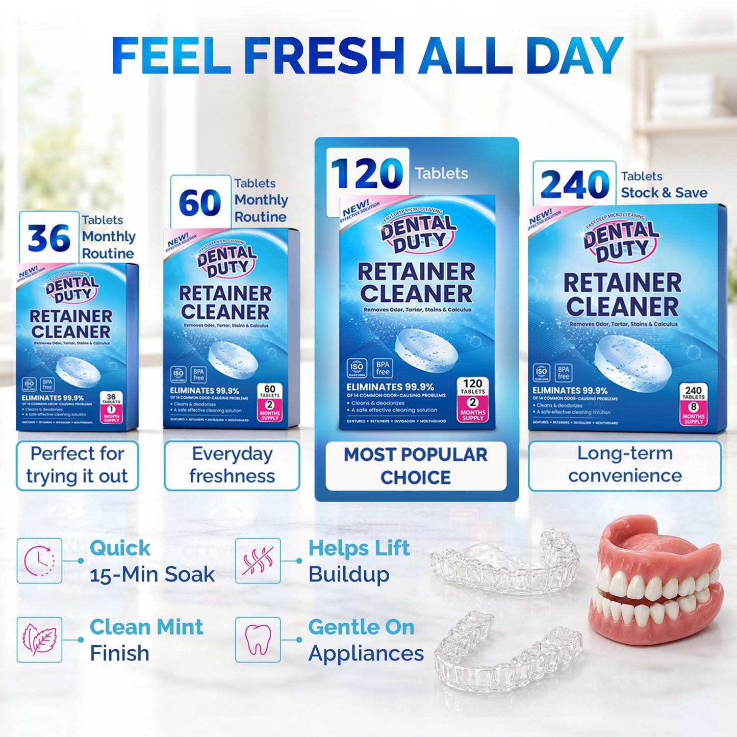 Dental Duty Retainer Cleaner Tablets – Fast Invisalign & Denture Cleaning Tablets for Aligners, Retainers & Mouthguards – Removes Odor, Plaque & Stains in Minutes – 240 Count