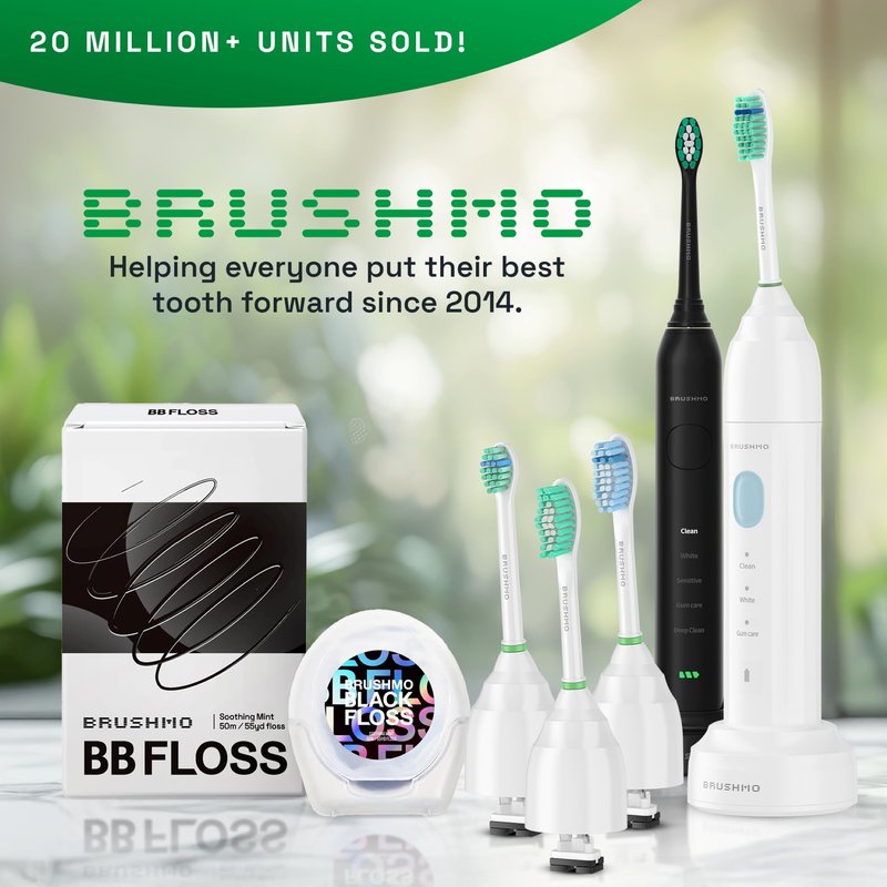 Brushmo E-Series Electric Sonic Toothbrush - Rechargeable Screw-On Electronic Tooth Brush for Adults with 3 Modes, Travel Case & Timer IPX7 Waterproof, 30 Days Lasting & Wireless Charging Base, White