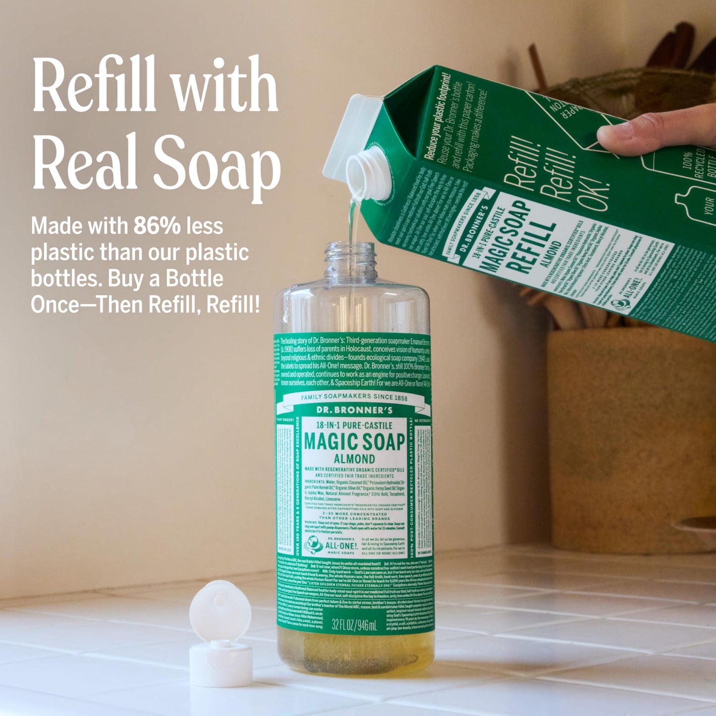 Dr. Bronner's Pure-Castile Magic Soap Liquid- Made with Regenerative Organic Certified Oils- For Body, Face, Hair, Dishes, Laundry, Vegan Bath Soaps for Men & Women, Non-GMO- Almond, 32oz + Refill