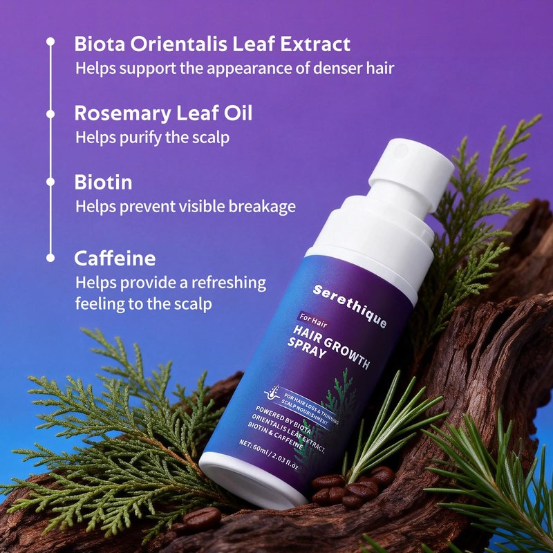 Hair Growth Serum Spray with Rosemary Oil, Biotin & Caffeine, Fast Absorbing Non-Greasy Scalp Serum for Fuller-Looking Hair, Alcohol-Free Nourishing Scalp Spray for Women & Men, 60ml