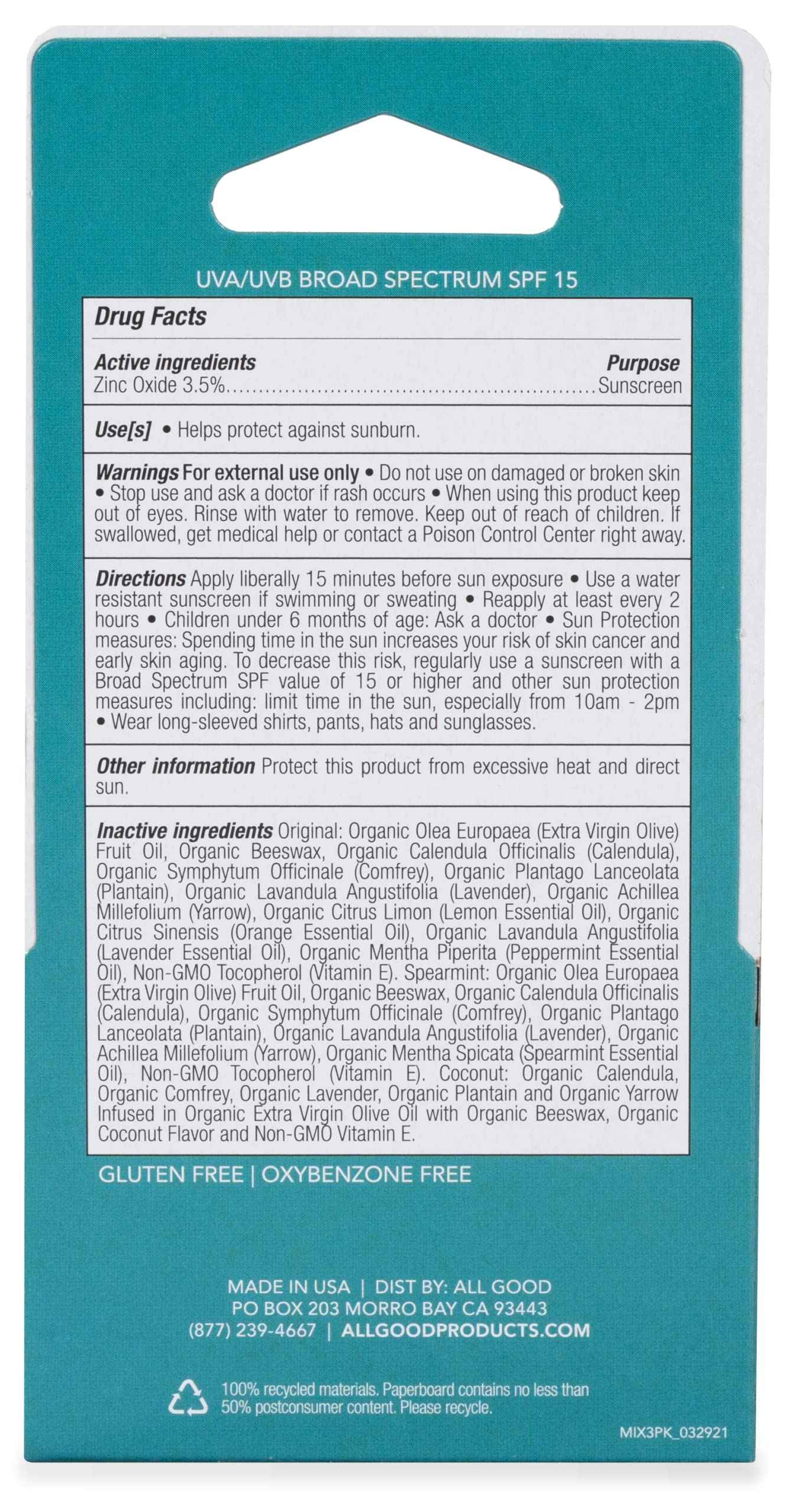 All Good Organic SPF15 Lip Balm - Hydrating Lip Care with Olive Oil, Beeswax, Calendula, Lavender, Vitamin E - Lip Moisturizer with Zinc Oxide Protection - Original, Spearmint & Coconut (6-pack)