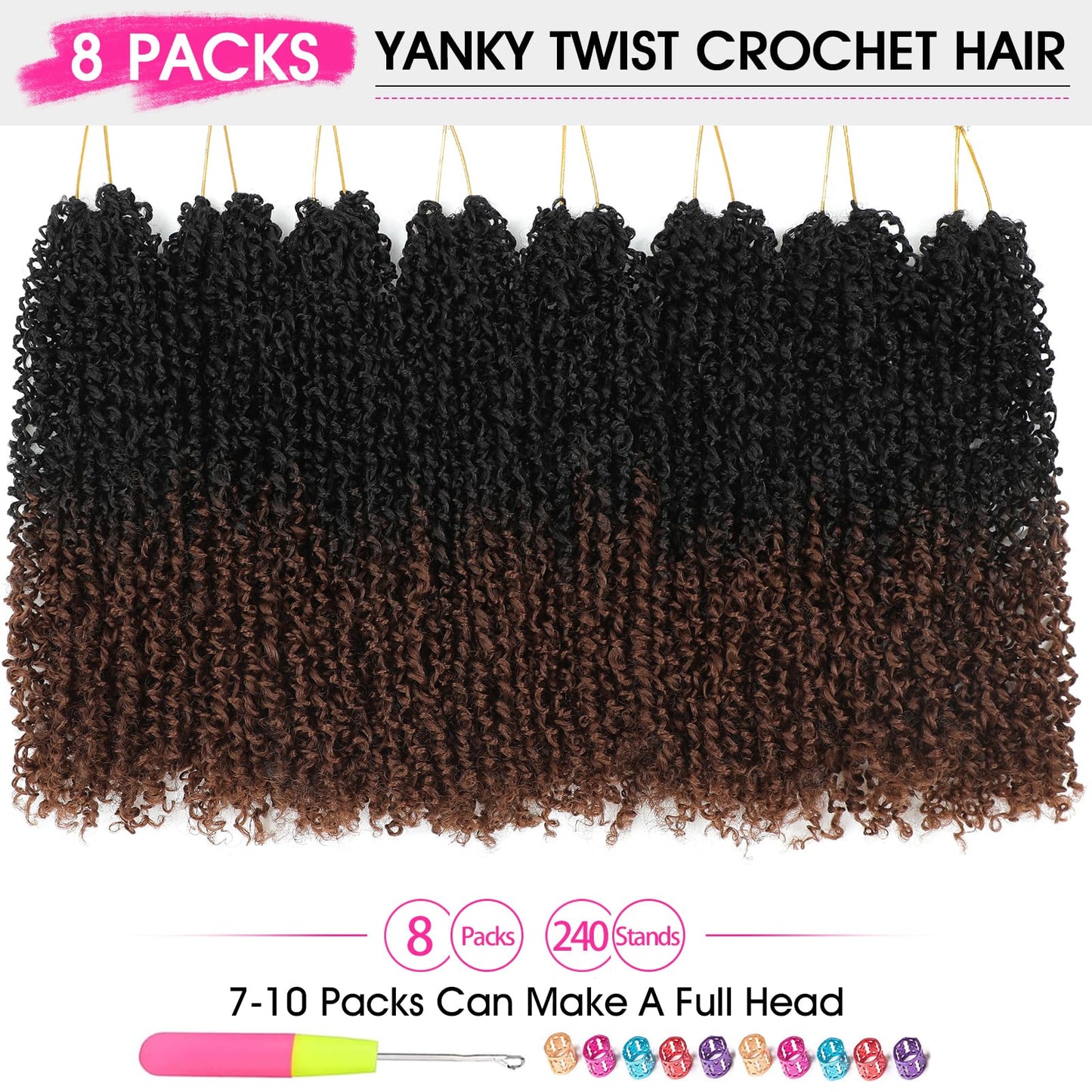 NAYOO Pre-Looped Yanky Twist Crochet Hair - 10 Inch 8 Packs (30 Stands/Pack) Spring Mini Twist Short Bob Passion Twist with Curly Ends Synthetic Pre-Looped Crochet Hair for Black Women(10 Inch, T30)