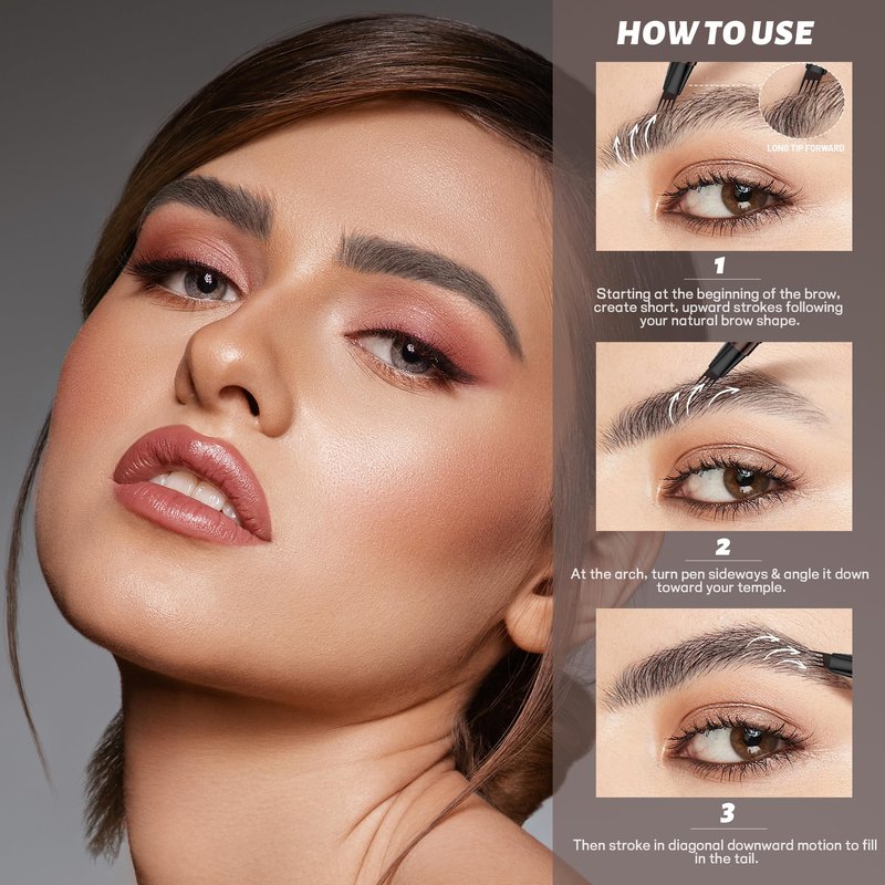 2 Pack 4-Tip Microblading Eyebrow Pen with 2 Brow Brushes, Waterproof Vegan Formula Eyebrow Pencils for Women to Effortlessly Create Natural Hair-Like Strokes, All-Day Wear (Dark Brown)