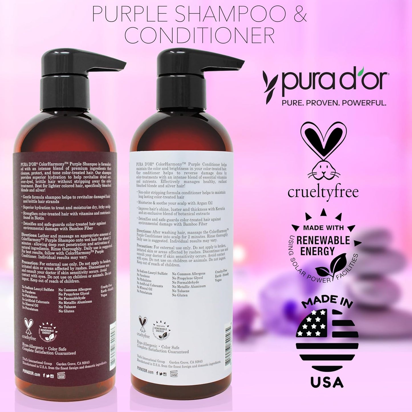PURA D'OR Purple Shampoo & Conditioner Set - Biotin Formula for Bleached, Blonde & Silver Hair | 16oz Each