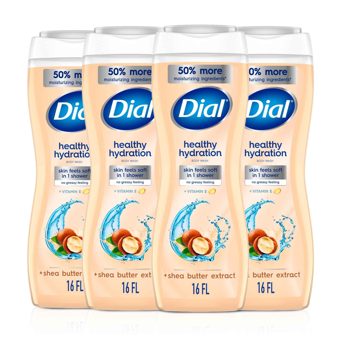 Dial Body Wash, Healthy Hydration, Shea Butter Extract + Vitamin E, 16 fl oz (Pack of 4), Gentle, Leaves Skin Feeling Soft In 1 Shower, Dermatologist-Tested, No Parabens & Silicones