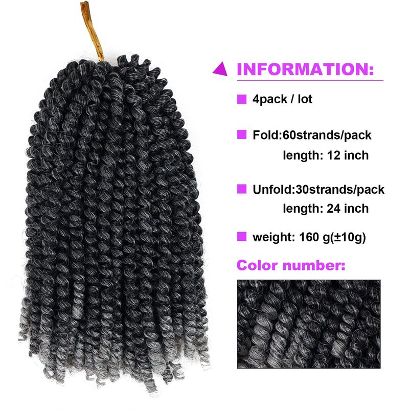 YEBO Spring Twist Hair 12 Inch 4 Packs Ombre Colors Synthetic Braiding Hair Extensions for Woman(1B/12inch)