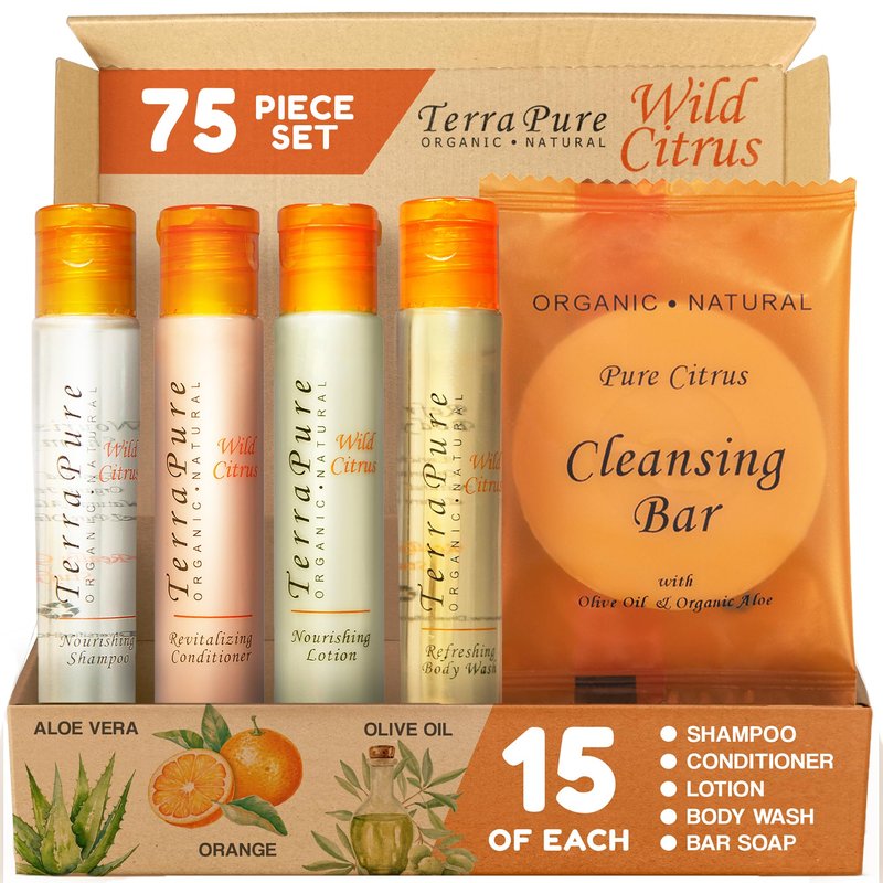 Terra Pure Wild Citrus Toiletries Set | 1-Shoppe Amenities Kit | 1oz Shampoo, Conditioner, Body Wash, Lotion, 1oz Bar Soap | 75 Pieces