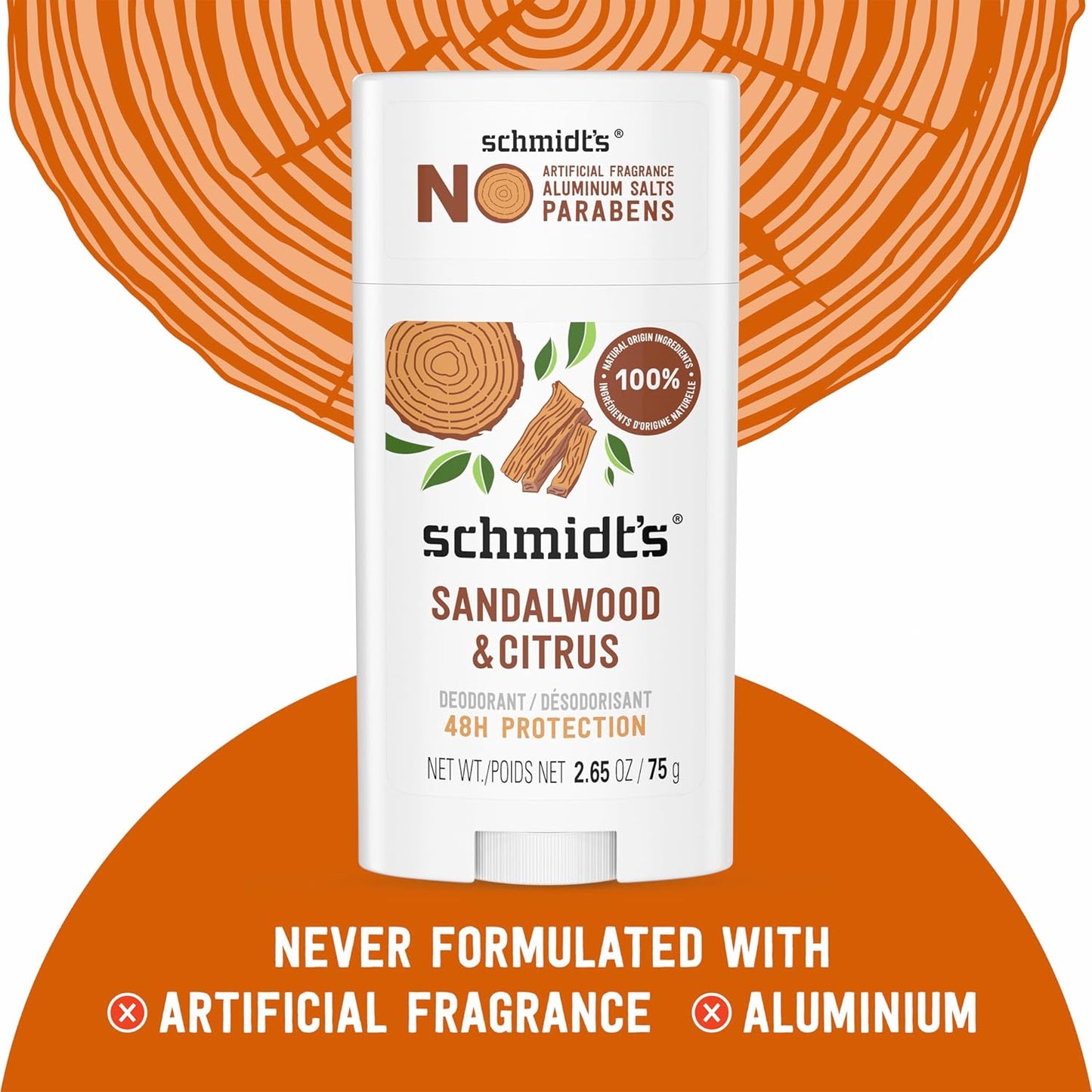 Schmidt's Vegan Deodorant - Aluminum-Free Sandalwood & Citrus | 24-Hour Odor Protection, 2.65 oz