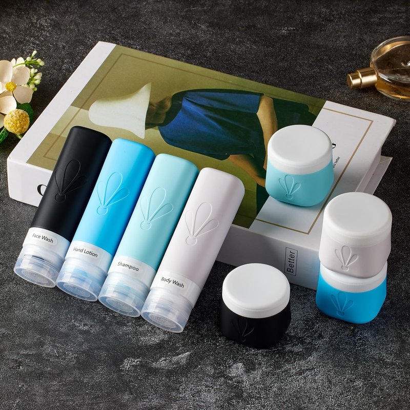 INSFIT travel bottles for toiletries 8 Pack, Leak proof Travel Size Toiletries Containers with toiletry bag, Squeezable Silicone Bottles & Cream Jars, Travel Essentials BPA-Free kit for Shampoo