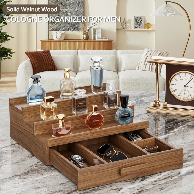 Hrbjunuo Solid Walnut Cologne Organizer for Men, 3 Tier Cologne Stand, Wooden Cologne Holder Display Shelf with Drawer Storage and Hidden Compartment, Perfume Stand Organizer, Gift for Men Dad Husband