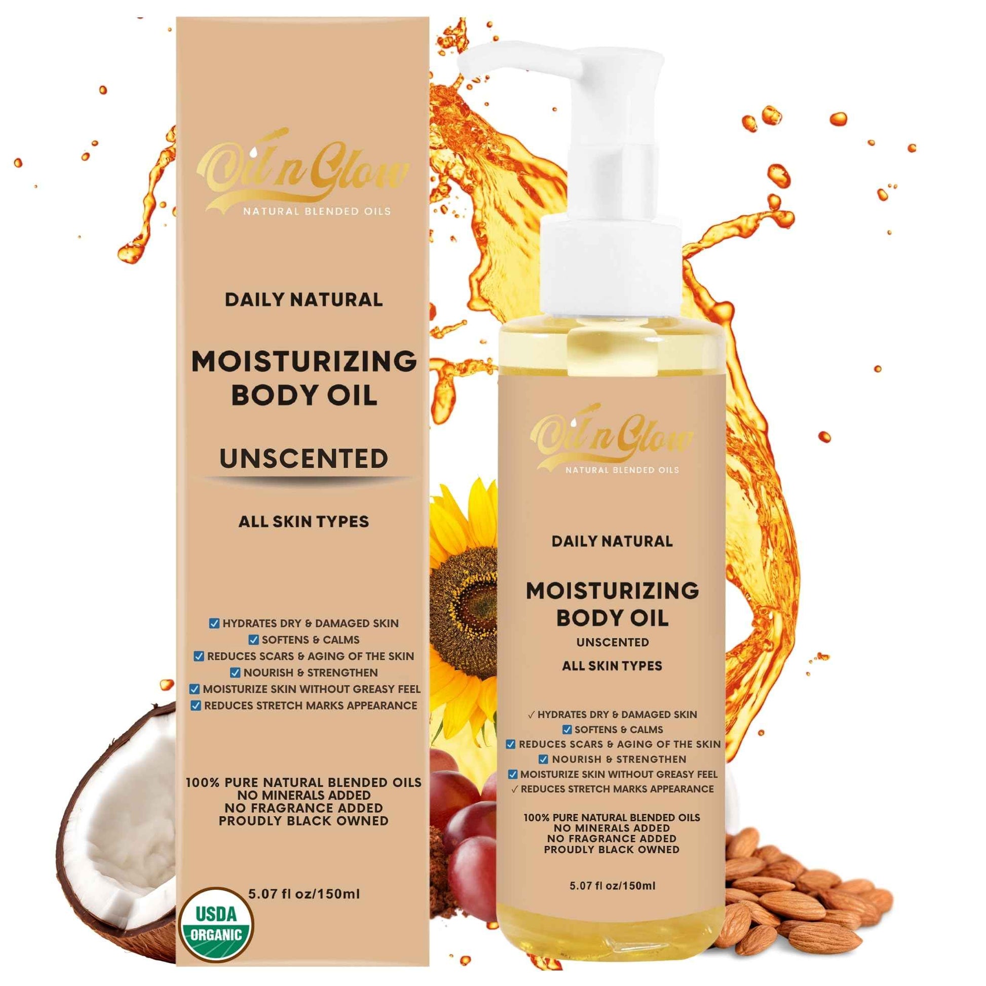 USDA Certified 100% Organic Pure Natural Hydrating Body Oil After Shower With Coconut, Jojoba, Olive & Almond Non-Greasy Moisturizing Oil For Women & Men Dry Skin 5.07 fl oz/150ml - Unscented