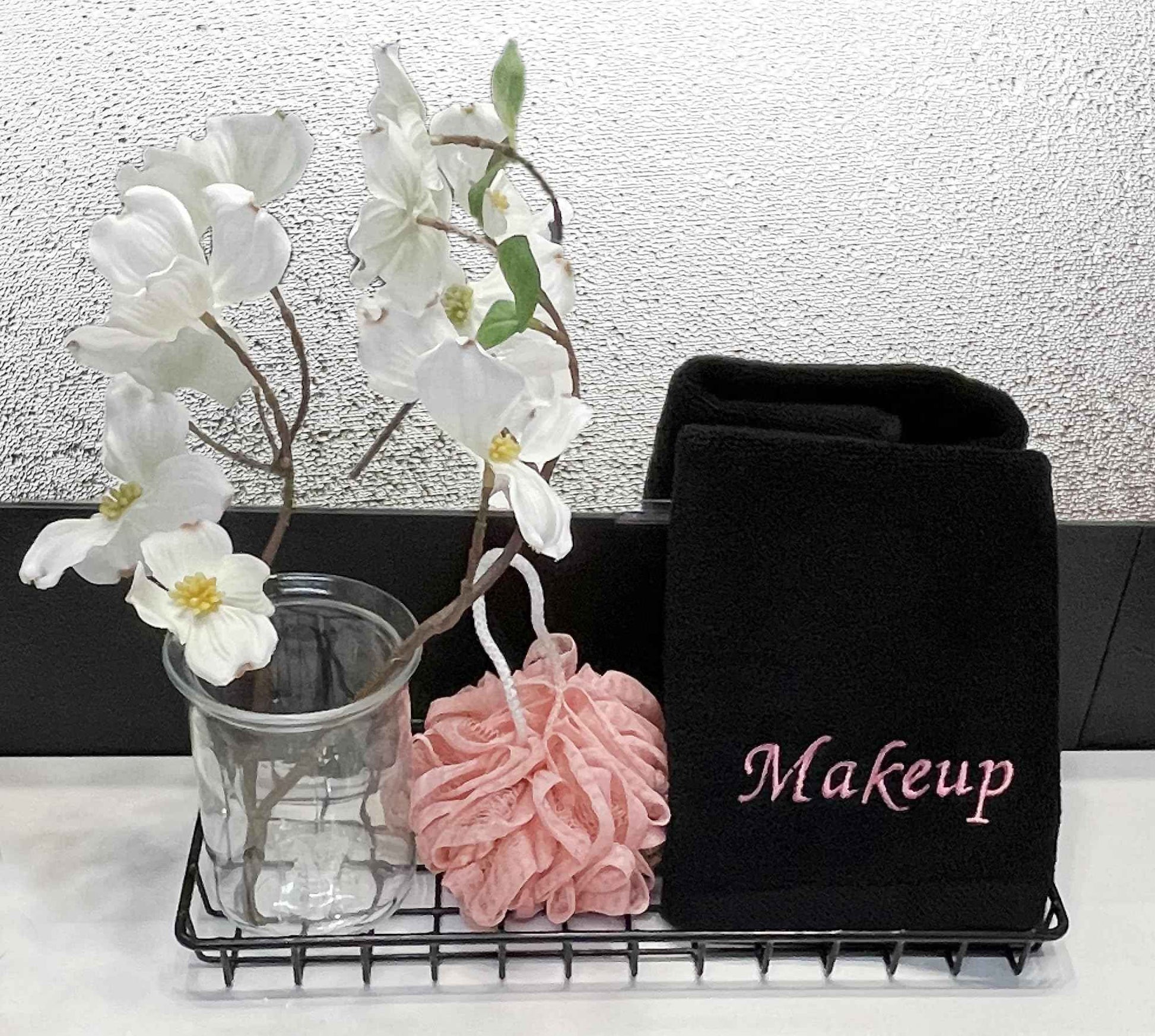 Liberty21 Makeup Embroidered Towel Set for face. 100% Soft Cotton. Facial Makeup Remover Washcloths. Reusable Face Towel Set of Four. (Black & Pink Embroidery)