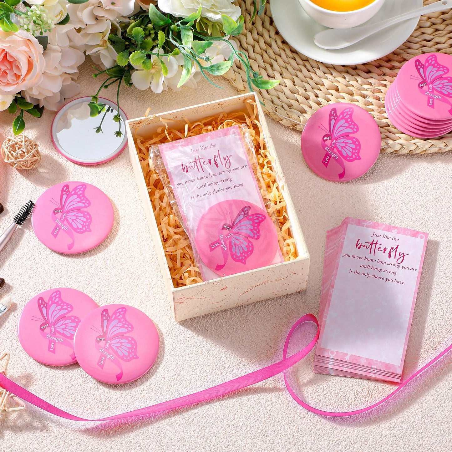 Pinkunn 50 Set Women's History Month Gifts Bulk, Pink Compact Pocket Mirrors and Motivational Cards Inspirational Gifts for Women Coworker Friend Nurse Female Pocket Mirror for Purses