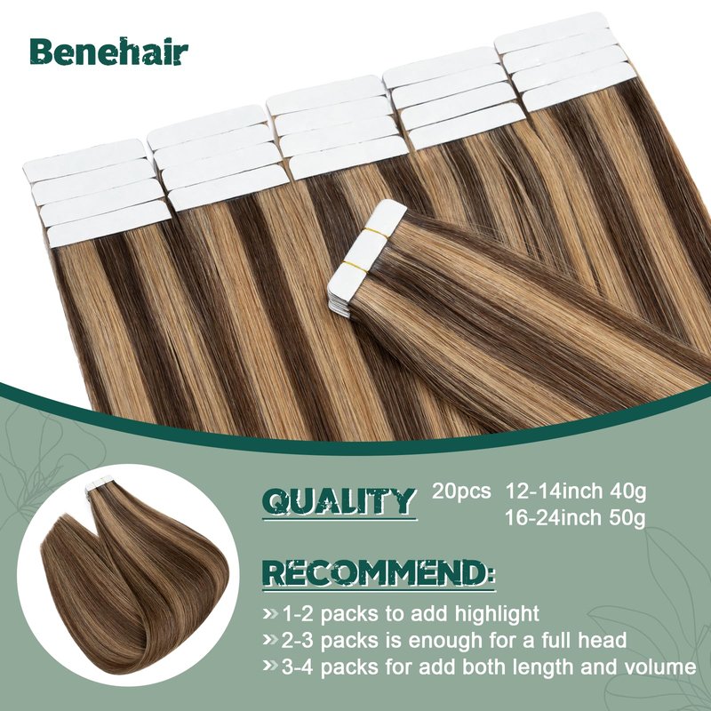 Benehair Remy Tape in Hair Extensions Human Hair Medium Brown&Dark Blonde Seamless Skin Weft Tape in Real Human Hair Extensions Straight Hair 12 Inch 40g #4P27 20 pcs
