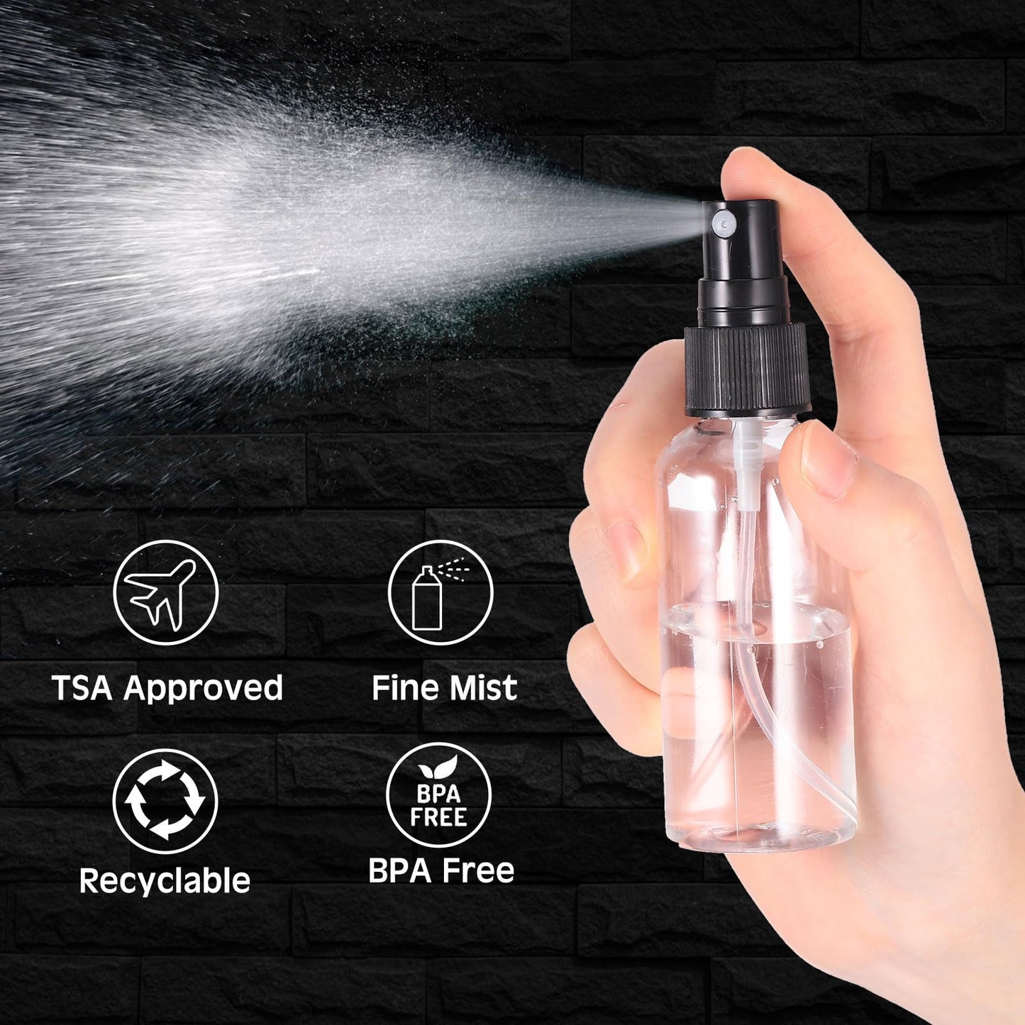Roshtia 100 Pcs 2 oz Plastic Mini Spray Bottles with Black Cap Clear Empty Fine Mist Spray Bottles Refillable Liquid Container for Essential Oils Perfumes Travel Makeup