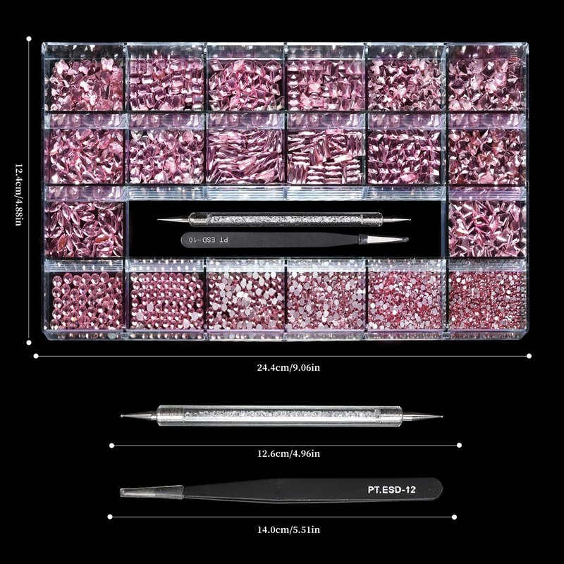 Yzzseven 14 Types of 700 Pink Diamonds + 1500 Flat Rhinestones Mix 20 Styles Flatback DIY Crafts Rhinestone Crystals 3D Ornament‌s Flat Back Stones Set + Tweezers + Drill Pen