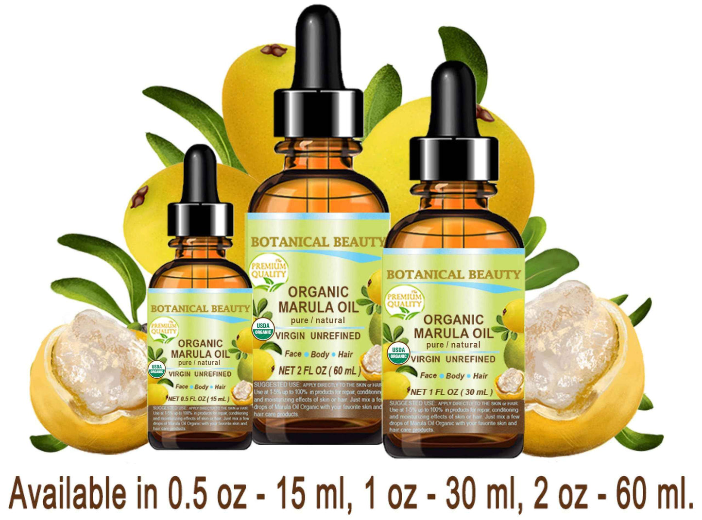 Botanical Beauty Organic MARULA OIL WILD GROWTH 100% Pure Natural Virgin, Unrefined Cold-Pressed Moisturizer for FACE, DRY SKIN, BODY, DAMAGED HAIR, NAILS, Anti-Aging (1 Fl Oz)