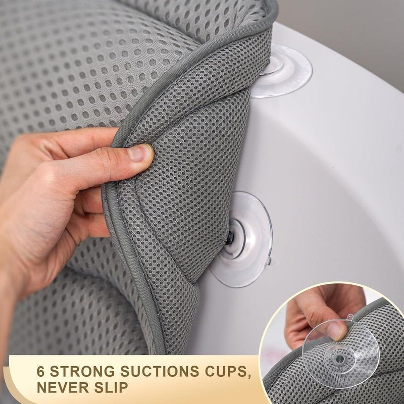 Luxury Bath Pillow - Extra Soft Bathtub Head & Neck Support | 4D Air Mesh Cushions, Non-Slip Suction Cups - Gray