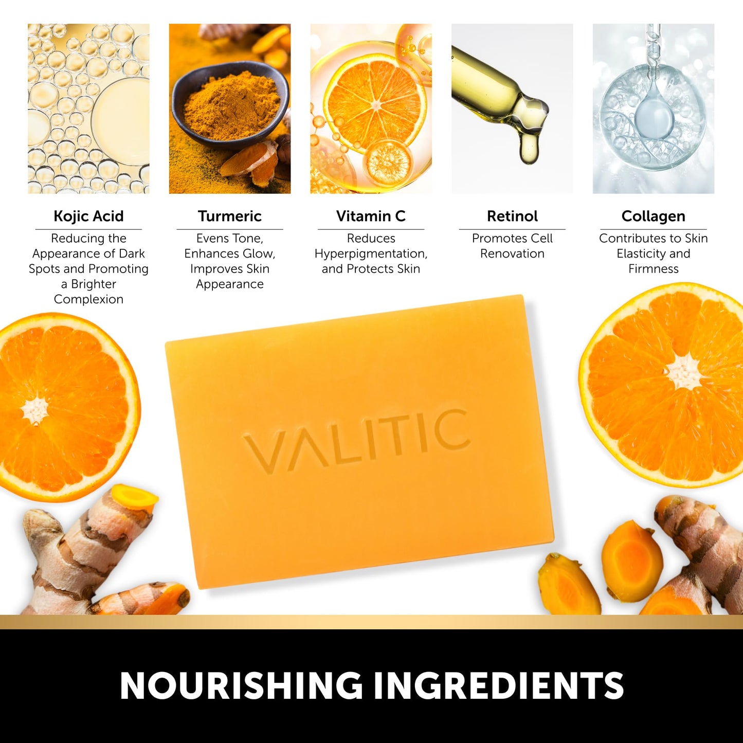 VALITIC 4 Pack Kojic Acid Dark Spot Corrector Soap Bars with Vitamin C, Retinol, Collagen, Turmeric - Original Japanese Complex - Hyaluronic Acid Bundle with 2 Black Exfoliating Gloves for Body Scrub