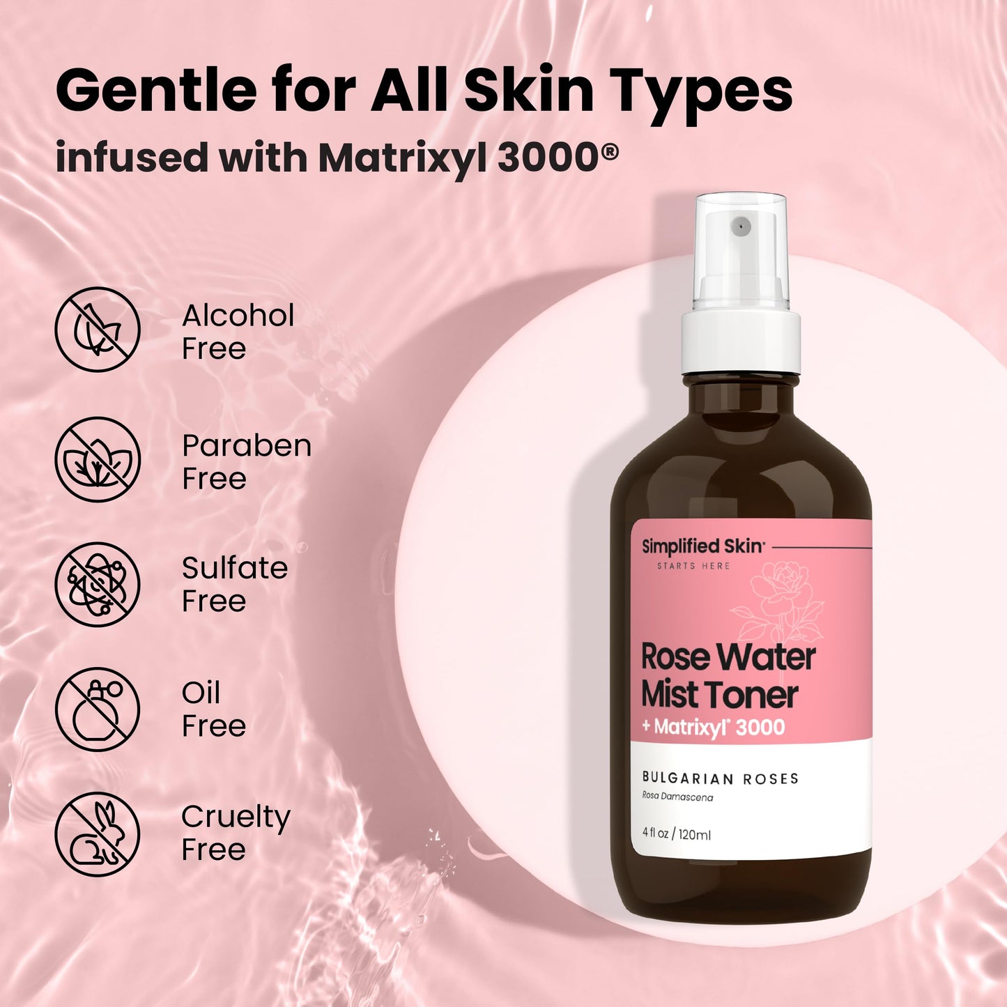 Rose Water Spray for Face with Matrixyl 3000, Glycerin & Aloe Vera - Rosewater Face Mist & Toner - Hydrates, Reduces Fine Lines & Boosts Collagen Production - 4 Fl Oz