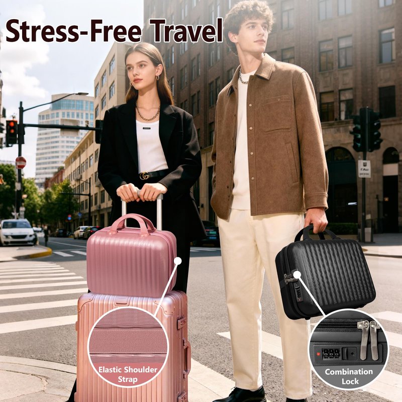 JZRTravel 14 Inch Makeup Train Case with Lock Hard Shell Cosmetic Travel Case w Elastic Strap, ABS Portable Toiletry Bag for Toiletries Make up Storage Case Gift for Women Adult