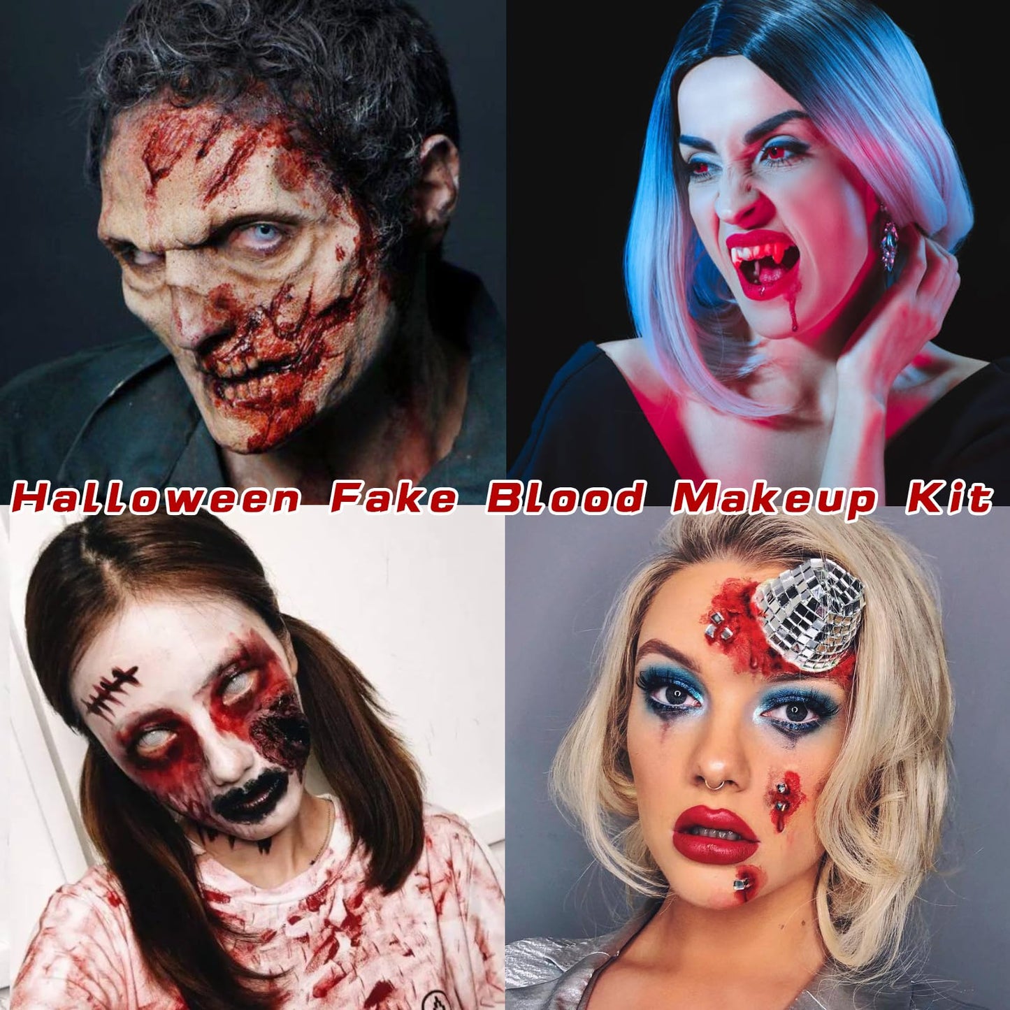 Yeweian 4PCS Fake Blood Makeup Kit, Washable Fake Blood Spray 2.1oz, Dripping Blood 2.1oz, Coagulated Blood 1.06oz and One Stipple Sponge, Halloween SFX Makeup for Zombie,Vampire and Monster Cosplay