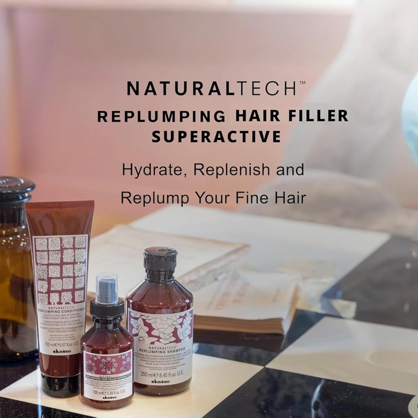 Davines Naturaltech Replumping Hair Filler - Moisturizing Treatment for Fine Hair | Thickens & Plumps, Travel Size 3.38 Fl Oz