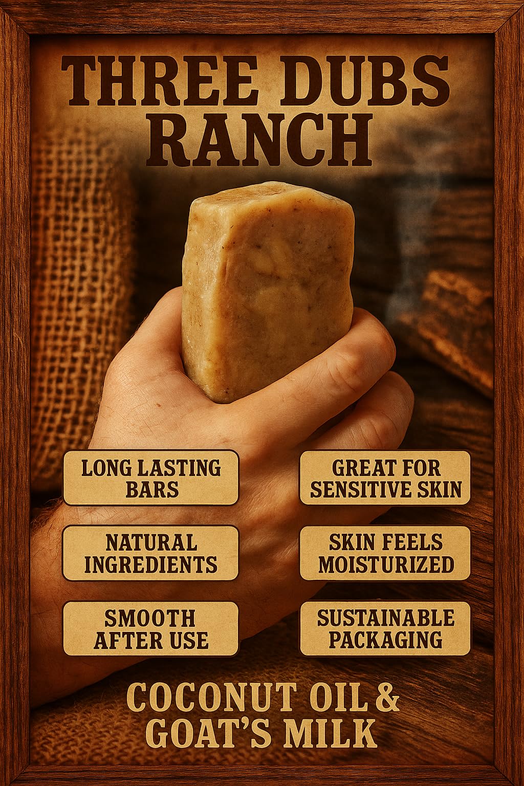 Three Dubs Ranch Gunfighter: Handmade All-Natural, Goat Milk Soap Bars made with Tallow, For Hands & Body. Leather, Tobacco, Whiskey scented Soap Bars. Made in Texas. (3.5 oz Bar 3 Pack)