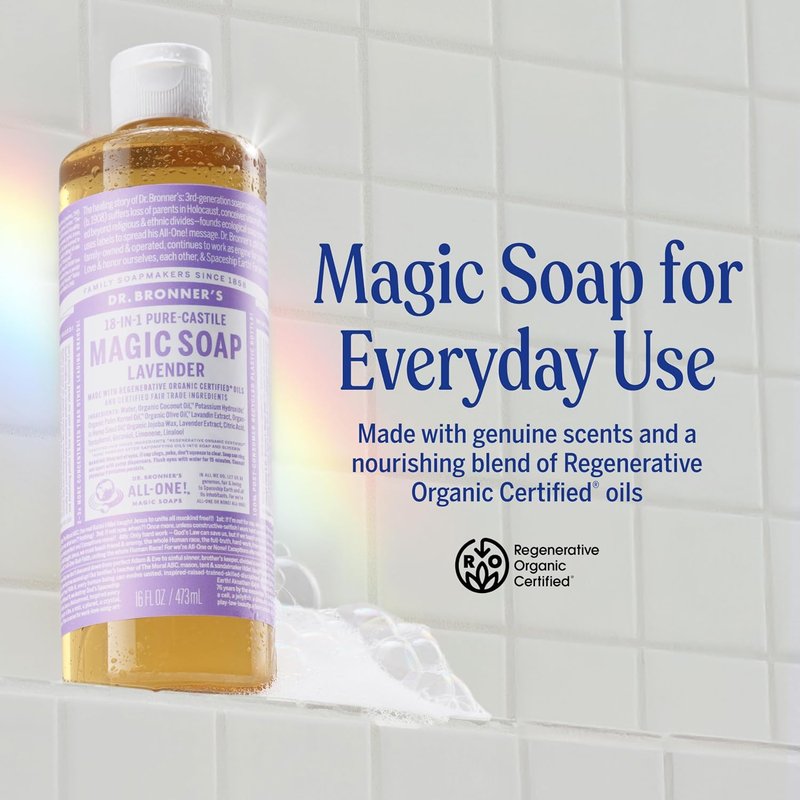 Dr. Bronner's Magic Soap - Lavender Pure-Castile Liquid Soap | 32 oz, 2-Pack - Vegan, Organic, Multi-Use Formula